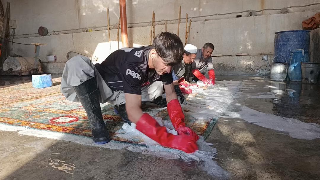 Artisan handwashing traditional rugs